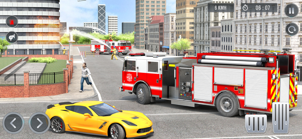 Fire Truck Driving Simulator - A red fire truck responding to a building fire in a city street simulation game