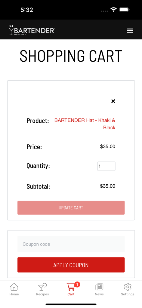 Shopping cart screen in the Bartender app showing a branded hat for sale.