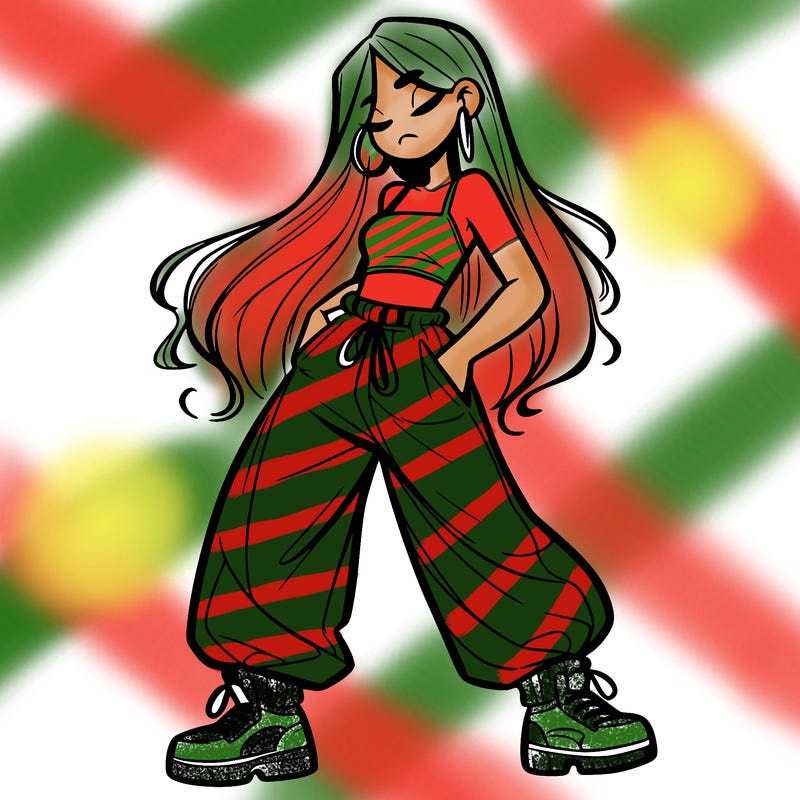 girl in baggy pants crop top and long hair