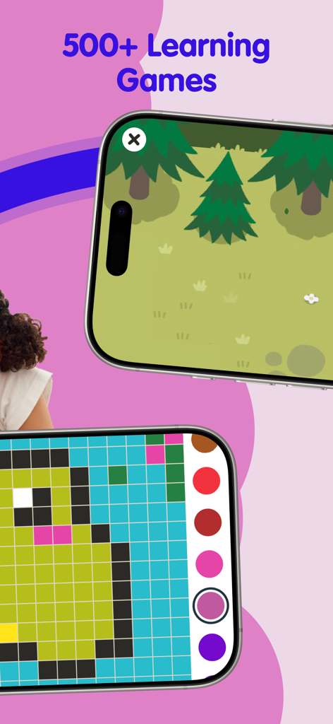 Fiete PlaySchool for kids 5+ - Smartphone screens displaying a forest environment and a pixel art coloring activity from Fiete PlaySchool