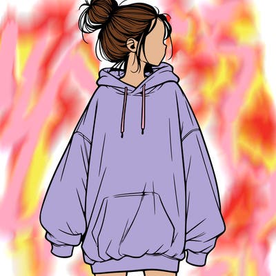 realistic girl with a oversized sweatshirt on and a bun