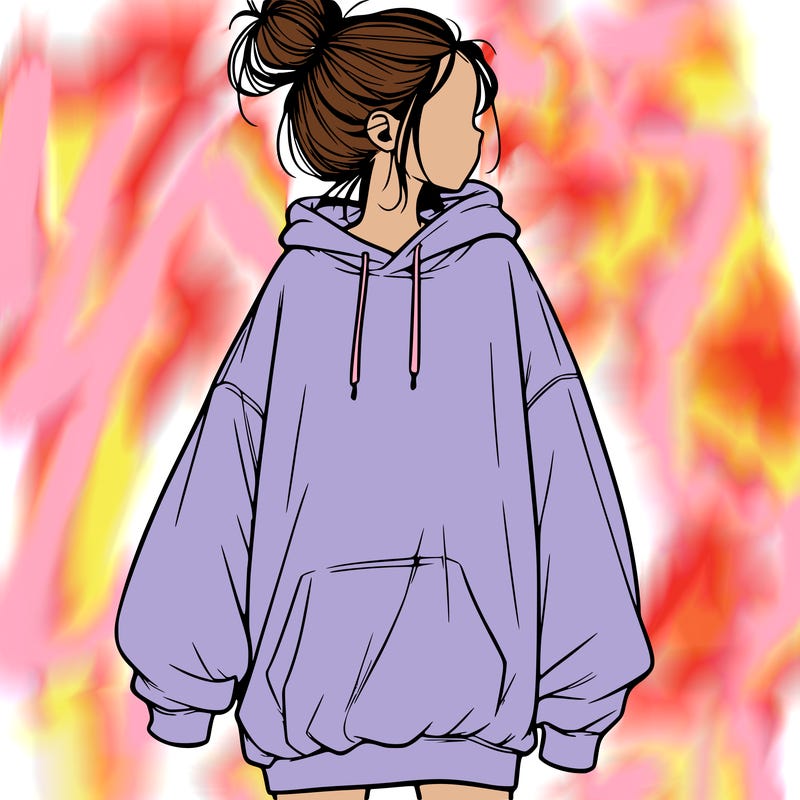 realistic girl with a oversized sweatshirt on and a bun