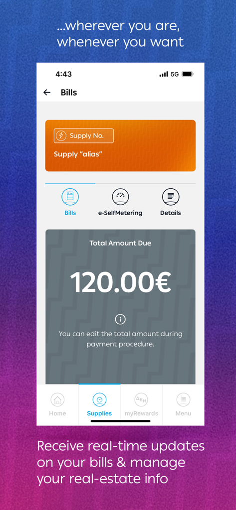 myΔΕΗ - Mobile app screen of myDEI showing a utility bill balance of 120 euros and options for self-metering