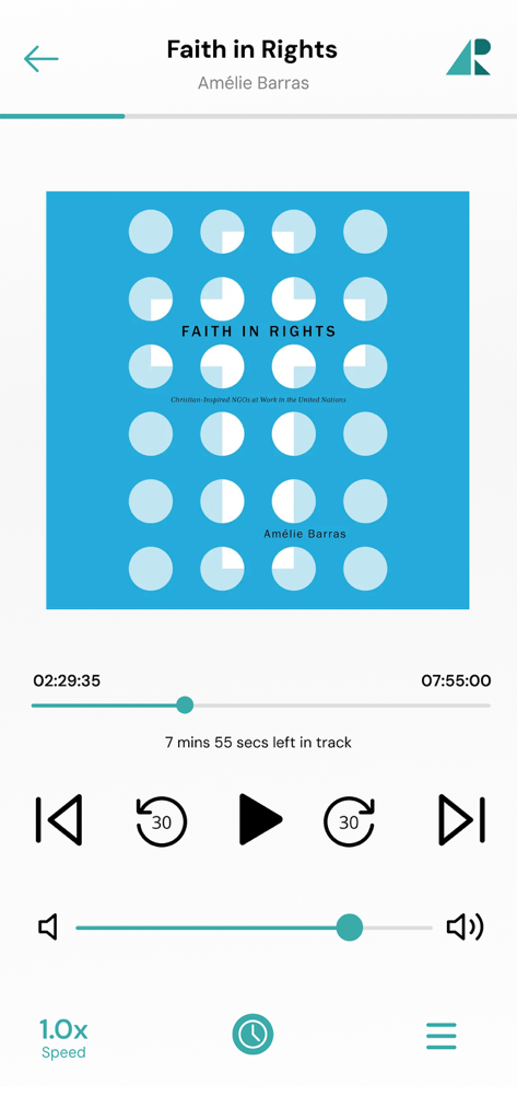 Audiobook playback interface in the Academic Reader app showing playback controls and book cover for Faith in Rights