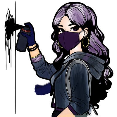 realistic girl with mask spray painting a wall