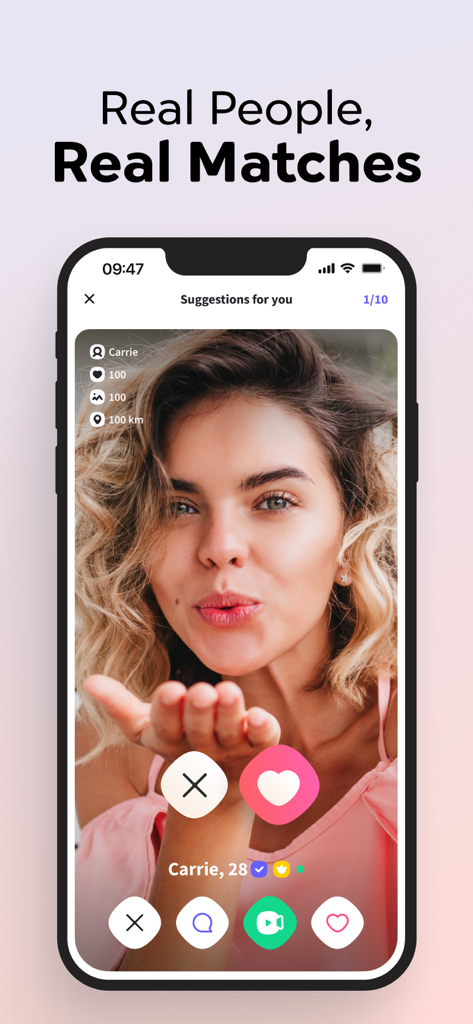 Waplog mobile app interface showing a suggested user profile with options for video chat and messaging