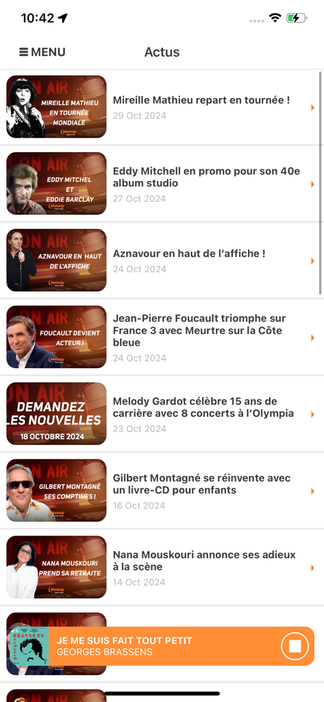Section actualités de l'application Radio Melody présentant les dernières informations sur les artistes et chanteurs français classiques.