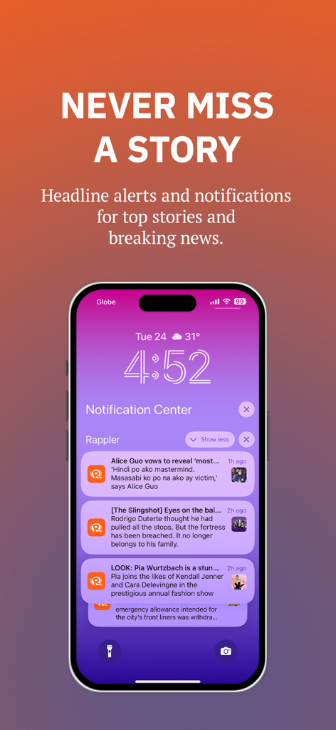Rappler: PH News & Community - An iPhone lock screen showing multiple Rappler news notifications and headline alerts