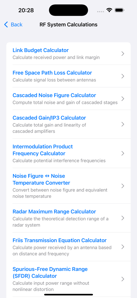 RF & Ham Radio Toolkit - A list of RF system calculation tools in the app including Link Budget and Free Space Path Loss calculators.