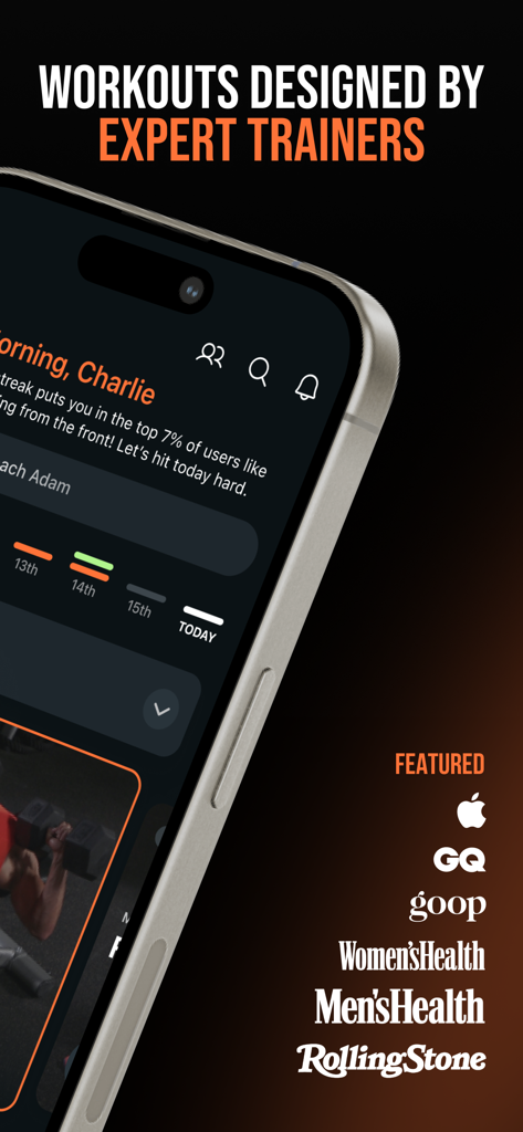 SHRED: Gym & Home Workouts - Smartphone-Bildschirm, der von Experten entworfene SHRED-App-Workouts mit hervorgehobenen Logos von GQ Men Health und Rolling Stone anzeigt.