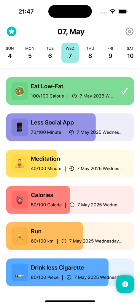 Habitify: Goals Tracker - Habitifyモバイルアプリのダッシュボード。瞑想や運動などの毎日の目標リストとカラフルな進捗バーが表示されています。
