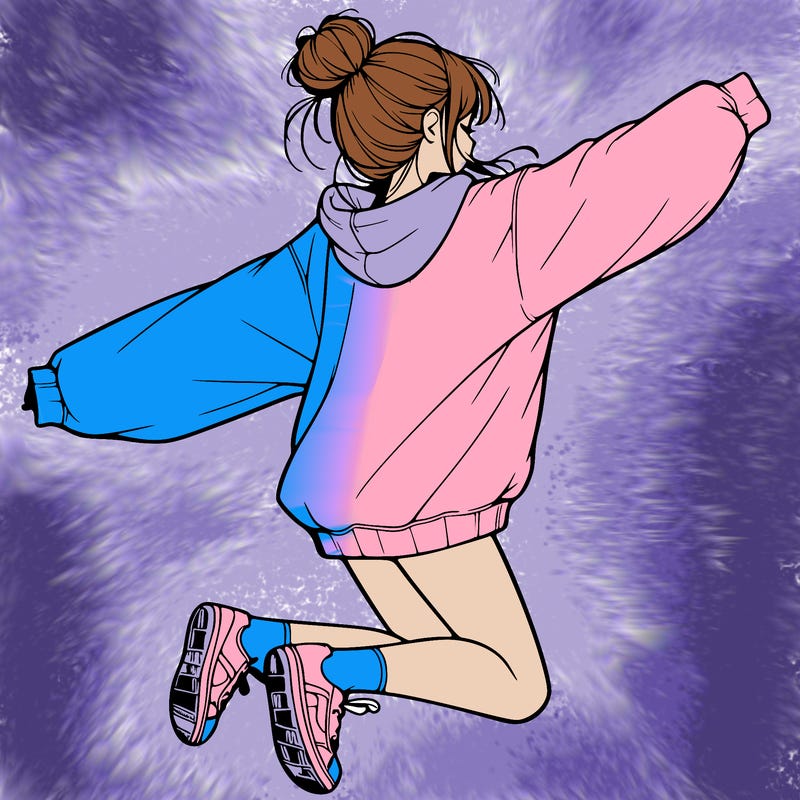 realistic girl jumping with a bun and oversized sweatshirt