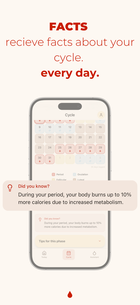 A mobile app interface displaying daily health facts and cycle predictions for menstrual health tracking.