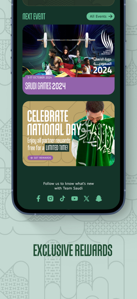 Team Saudi | فريق السعودية - Interface do aplicativo Team Saudi mostrando eventos futuros como Jogos Sauditas de 2024 e recompensas exclusivas do dia nacional