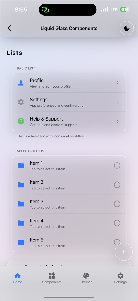 Uma captura de tela mostrando uma UI móvel com componentes de lista básicos e selecionáveis apresentando um efeito glassmorphism.