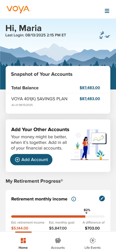 Voya - Voya app home screen showing account balances and retirement monthly income progress