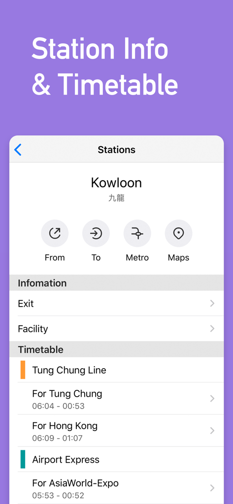 MetroMan Hong Kong app screen displaying Kowloon station details and train schedules