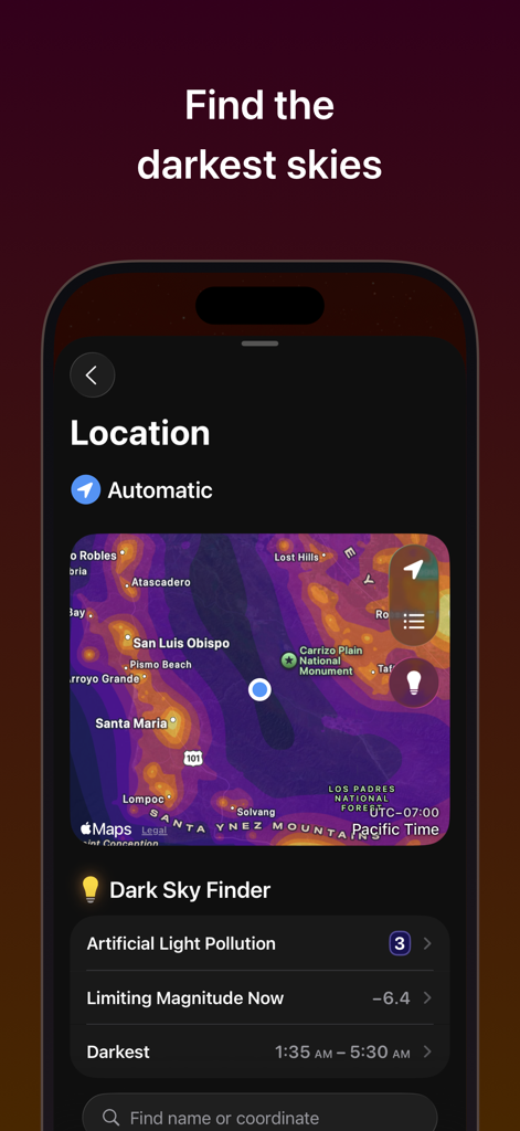 Sky Guide - Sky Guideアプリのダークスカイファインダー、光害マップと星空観察条件を表示。