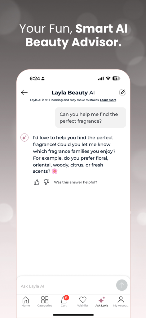 FACES Beauty – فيسز - Layla AI beauty advisor in the FACES Beauty app helping a user find a fragrance.