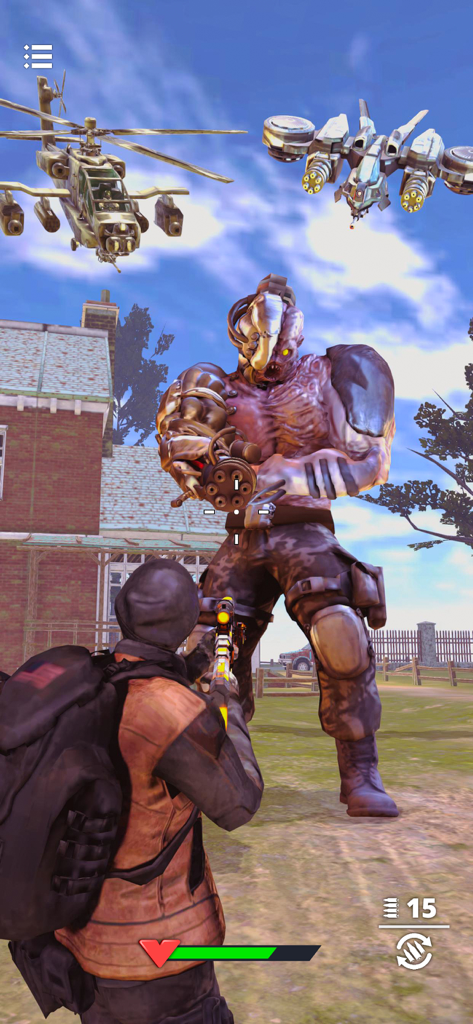 Last Survivor - Zombie Shooter - Third person shooter gameplay showing a survivor aiming at a large mutated zombie boss with air support from a helicopter and drone