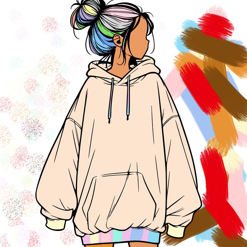 realistic girl with a oversized sweatshirt on and a bun
