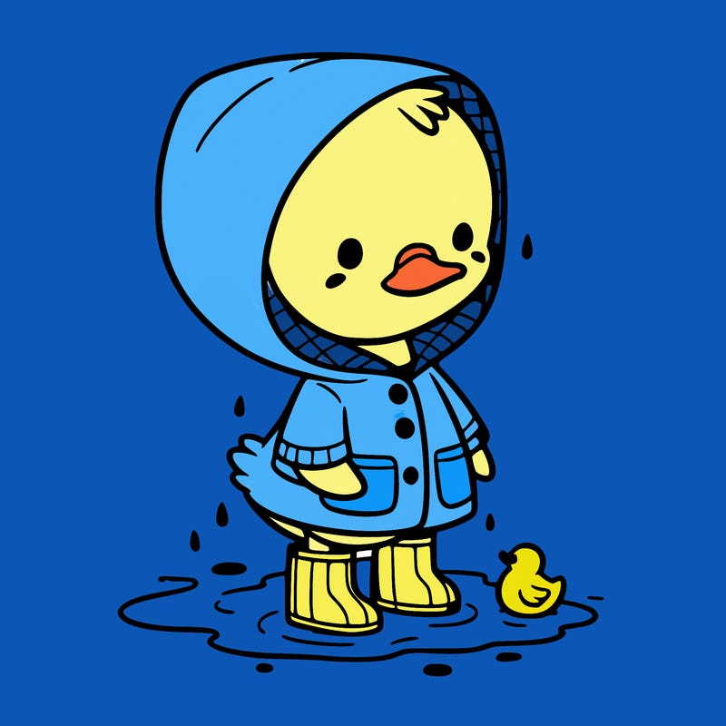 baby duck in a rain coat and boots, in a puddle while it’s raining