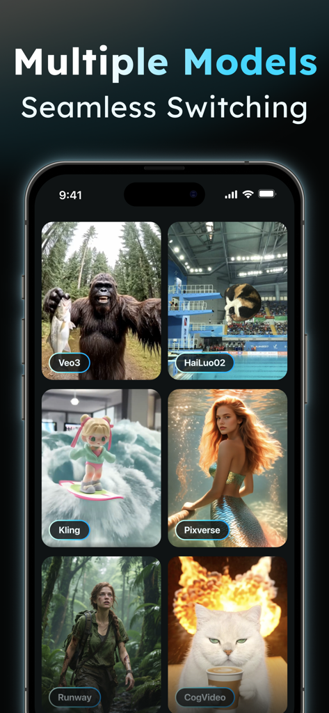AIReel：AI Video Generator - A showcase of multiple AI video generation models like Veo3 and Runway integrated into the AIReel app interface