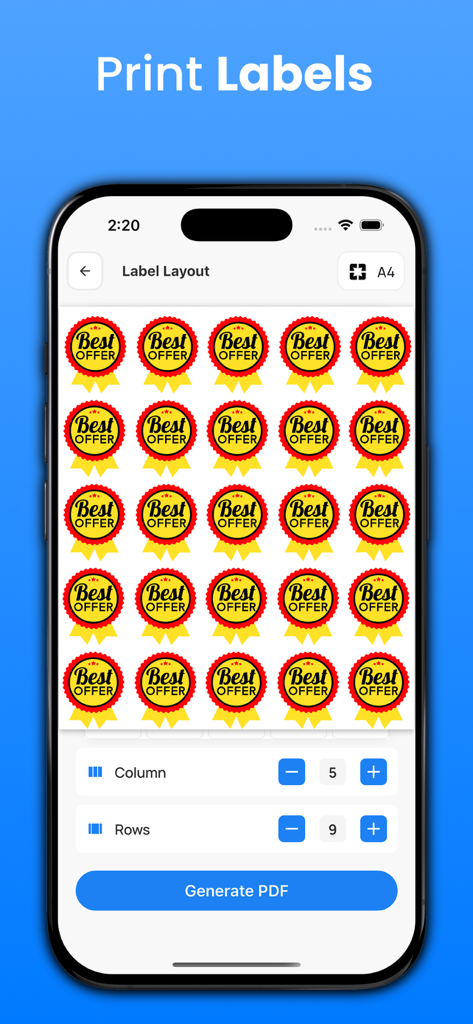 Printer App: Photo & Scan Pdf - Pantalla de la aplicación móvil que muestra una cuadrícula de etiquetas listas para imprimir con controles de diseño.