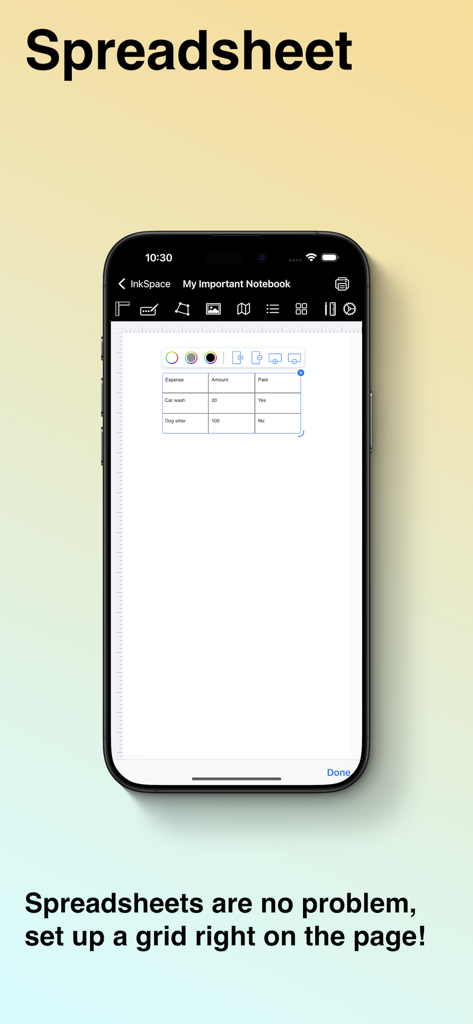 Ein Smartphone, das die InkSpace-App-Oberfläche mit einem benutzerdefinierten Tabellengitter zeigt, das in eine digitale Notizbuchseite eingefügt wurde.