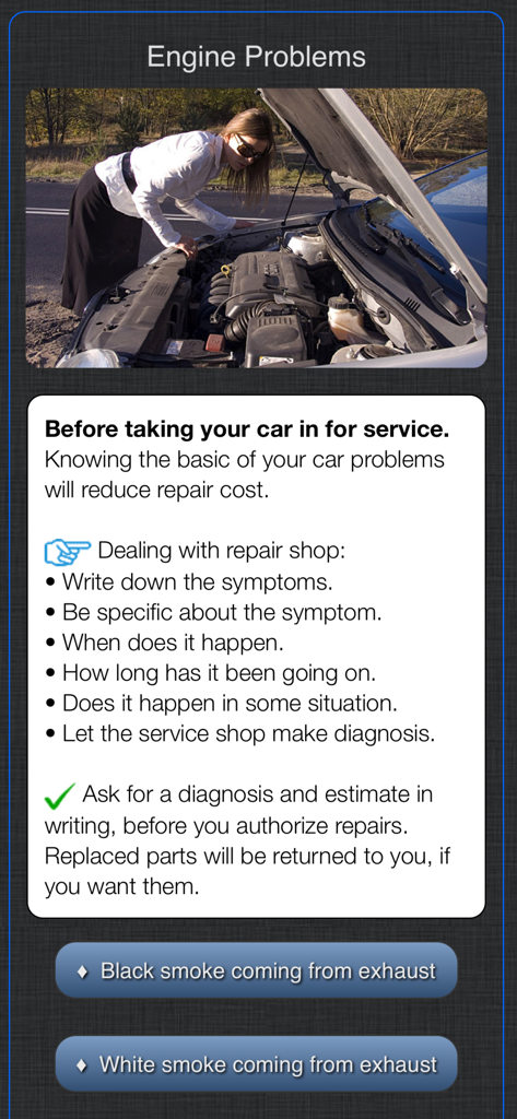 Land Rover Warning Lights Info - Bildschirm mit Ratschlägen zu Land Rover Motorproblemen und Tipps zur Interaktion mit dem Mechaniker