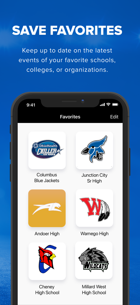Hometown Fan - A mobile interface of the HomeTown Fan app displaying a list of saved favorite school and collegiate teams.