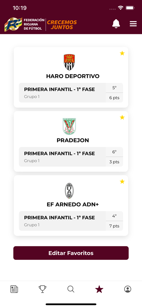 FRF - Pantalla de la app FRF mostrando equipos de fútbol locales favoritos y sus estadísticas de liga.