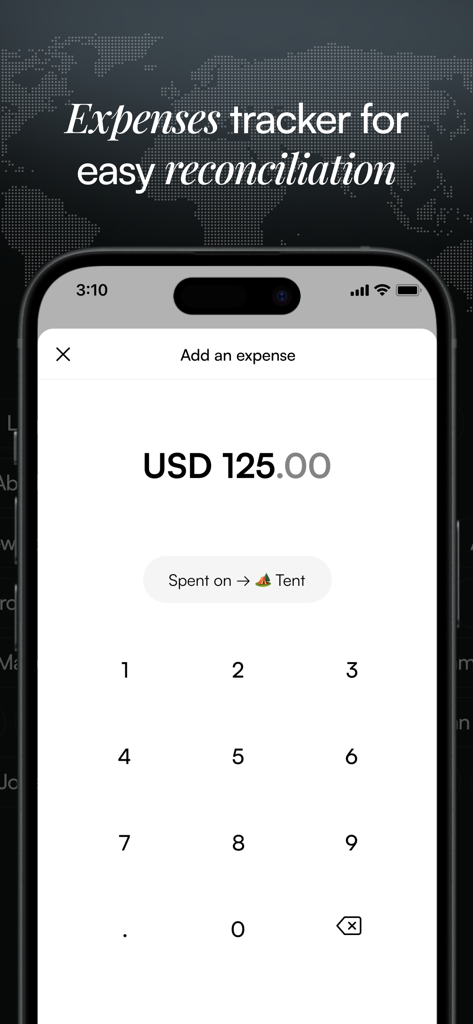 Trip o'clock: Travel anywhere - Tela do aplicativo Trip o clock para adicionar despesas e custos de viagem.