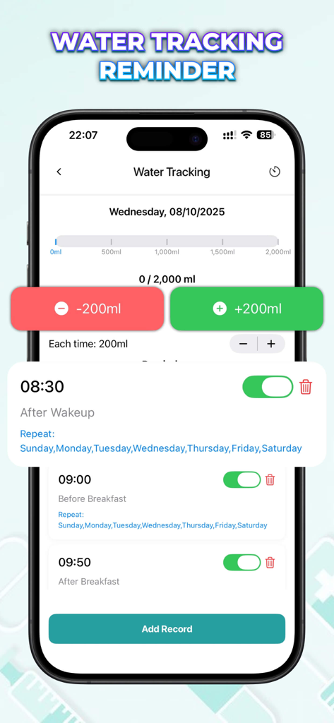 Vitaria: Blood Tracker - Interface de l'application Vitaria affichant la progression du suivi quotidien de l'eau et les rappels d'hydratation sur un smartphone
