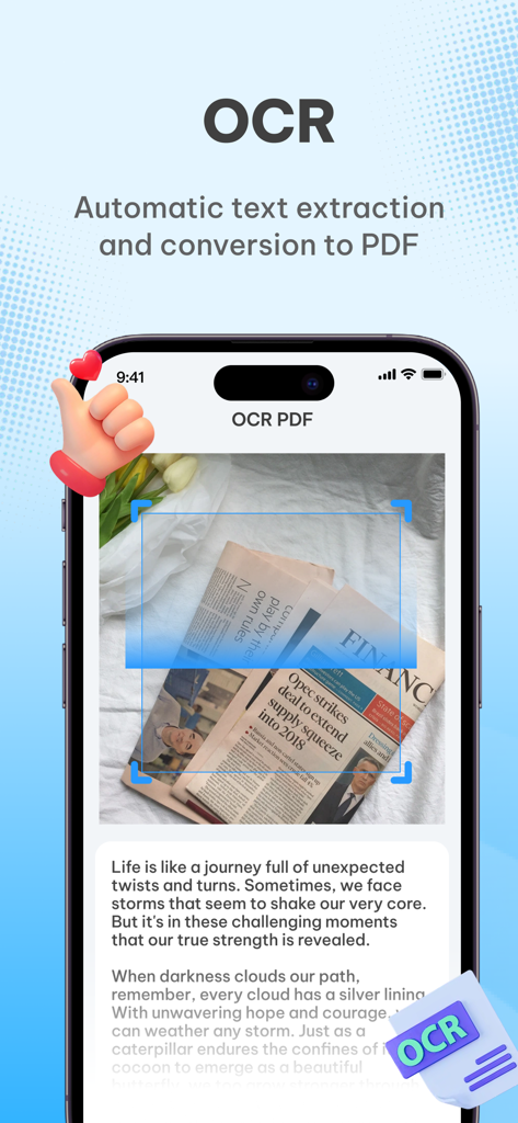 A smartphone interface showing the PDFMaker OCR feature extracting text from a newspaper and converting it to a PDF document.