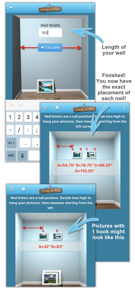 Hang-a-Pic - Interfaz de aplicación móvil para calcular el espaciado perfecto de los cuadros y las posiciones de los clavos.
