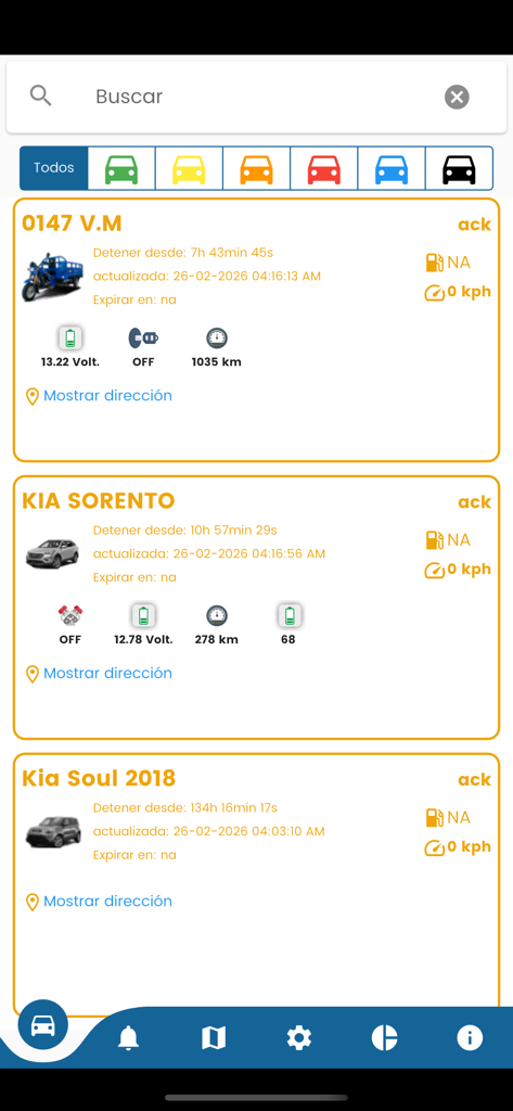 ABLY GPS - Mobile interface of ABLY GPS app showing real-time status and tracking information for various vehicles