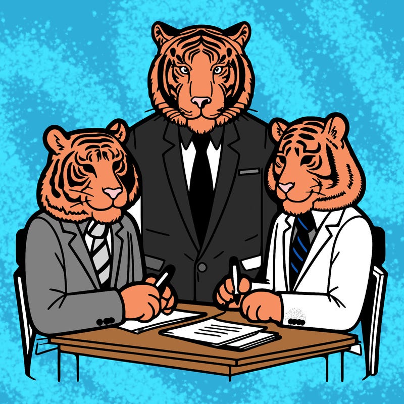 tigers with a suits and ties in a work meeting