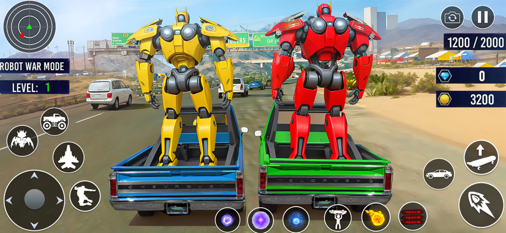 Two large yellow and red robots standing on pickup trucks on a highway during a mission in Octopus Robot Car Game 3D