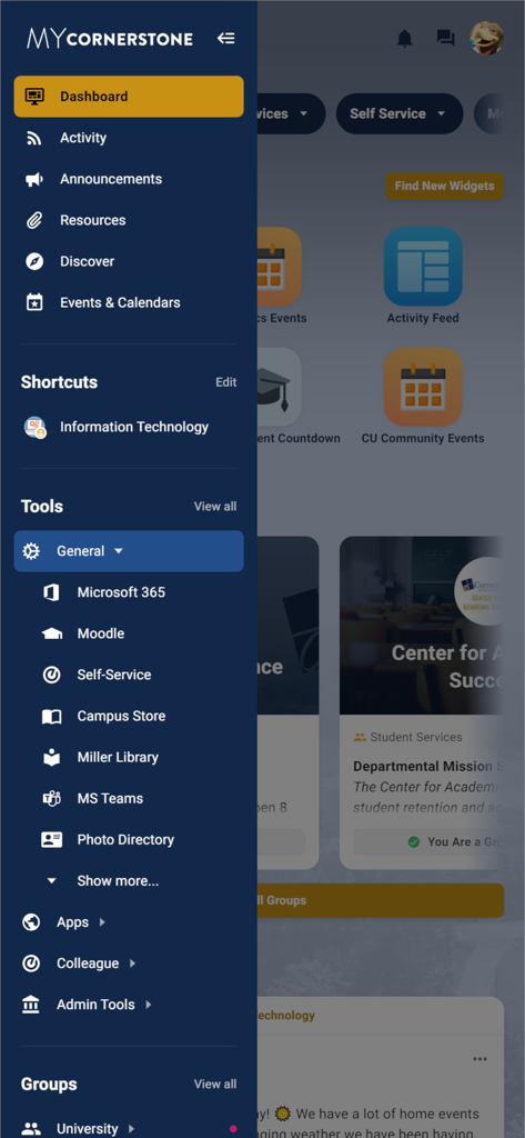 Sidebar navigation menu of the My CU app for Cornerstone University showing student tools and academic resources