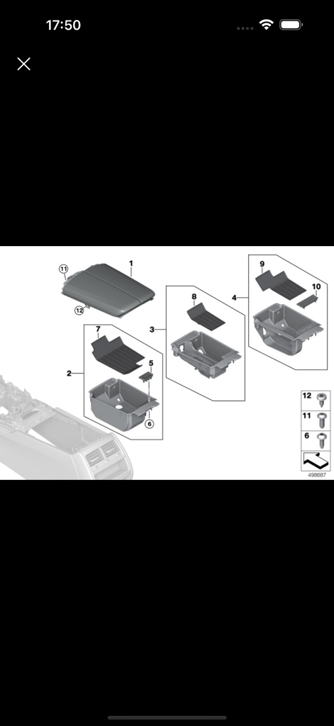 Car Parts - OEM catalogs - Detailed technical assembly drawing of car interior storage and armrest components with part numbers