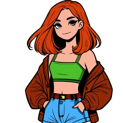 a realistic girl with a crop top and short shorts in an open jacket