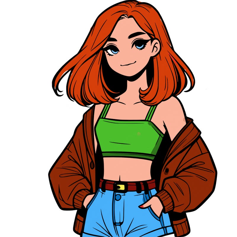 a realistic girl with a crop top and short shorts in an open jacket