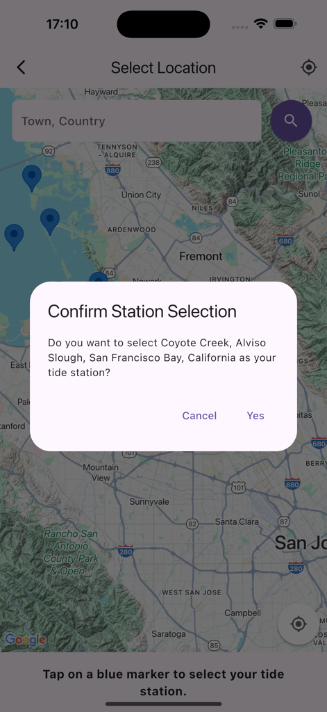Map view for selecting a tide station in the Tide Clock and Tide Times app
