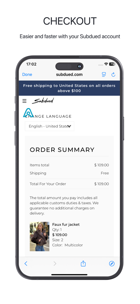 Subdued - Subduedアプリのチェックアウト画面。注文概要、合計金額、送料無料の詳細が表示されています。