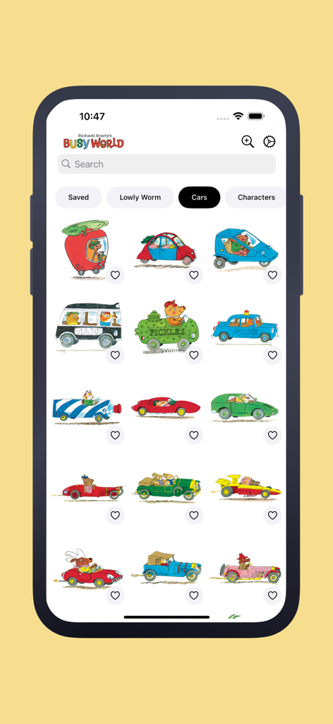 Richard Scarry Stickers - A collection of Richard Scarry Busytown car stickers featuring the iconic apple car and pickle car on an iPhone screen.