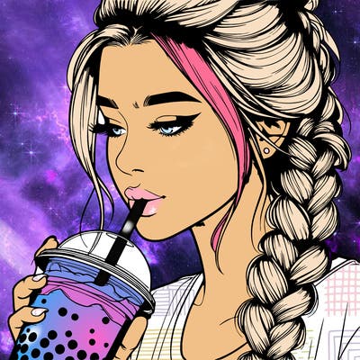 realistic girl drinking boba tea with braided hair