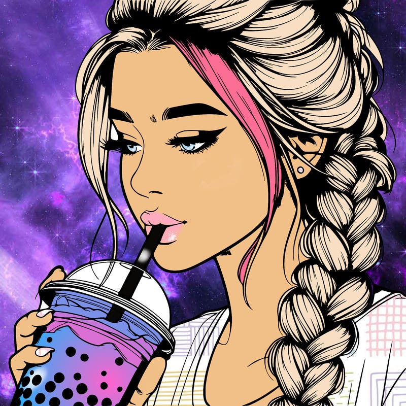 realistic girl drinking boba tea with braided hair