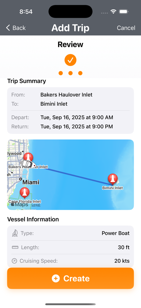 SeaLegs AI - Pantalla de revisión de viaje marino de la aplicación SeaLegs AI desde la entrada de Bakers Haulover hasta la entrada de Bimini, con especificaciones del barco y mapa de ruta.