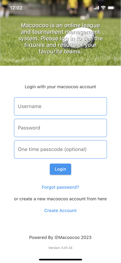 Pantalla de inicio de sesión del Visor de Torneos Macoocoo con campos de entrada de cuenta y un fondo deportivo